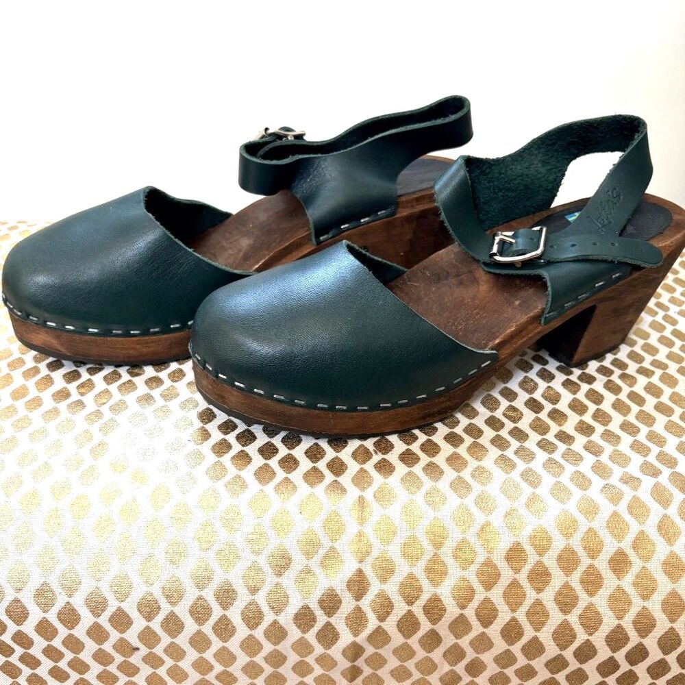 Lotta from Stockholm Dark Hunter Forest Green Leather Wood Heel Clog Sandals 41 - Picture 2 of 14